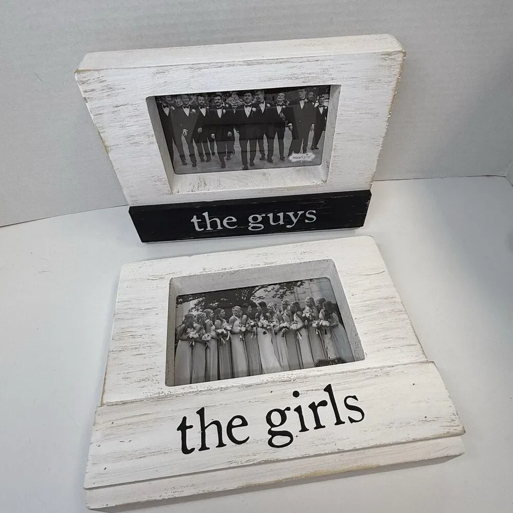 Mud Pie THE GIRLS & THE GUYS Wedding Party Wooden Picture Frames Set Of 2 New